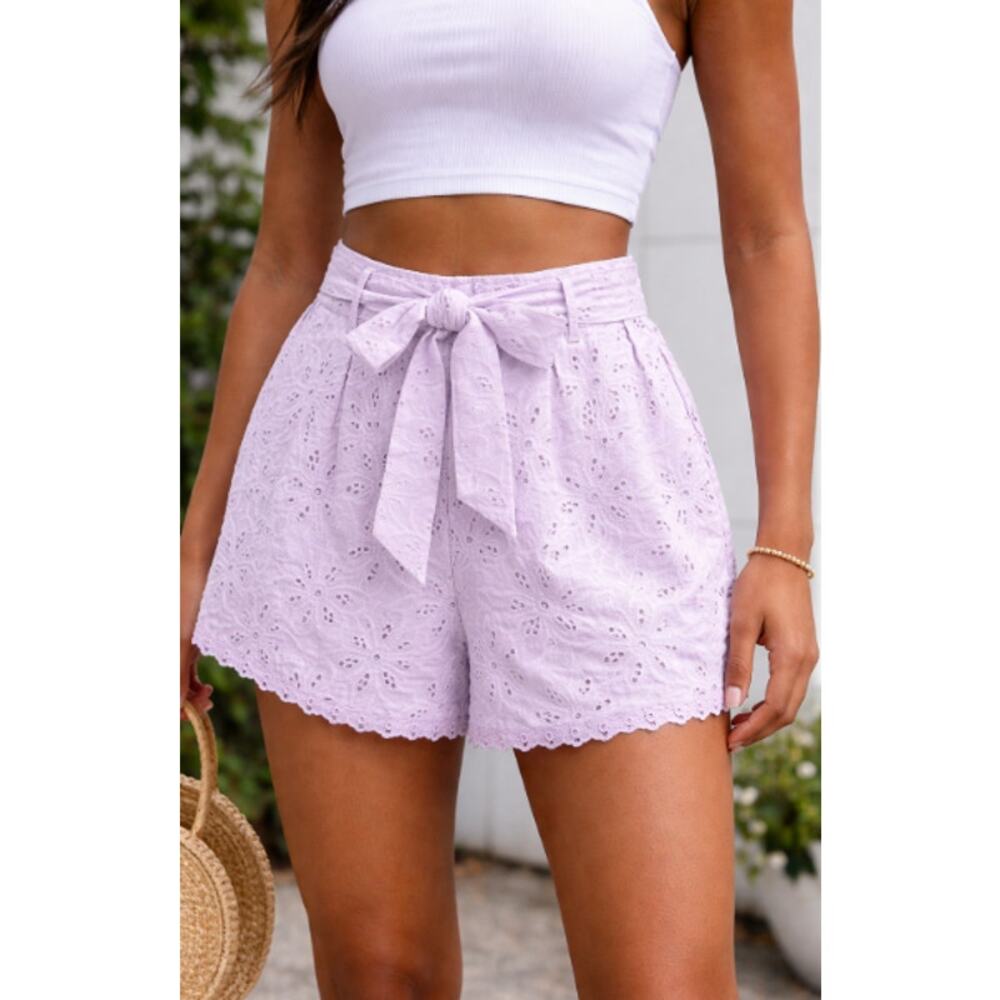 Allison New York Eyelet High Waisted Belted Sash JOSIE SHORTS LAVENDER FOG Sz M